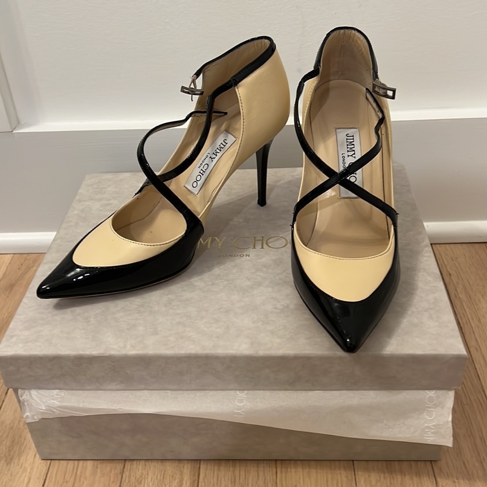 Jimmy Choo criss-cross strap heels. Gently used, size 36.5